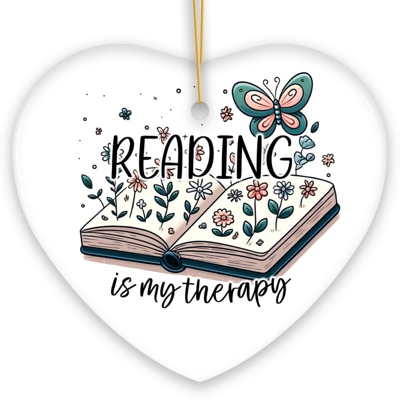 Reading is my Therapy Whimsical Ceramic Ornament, Book Lovers Christmas Gift
